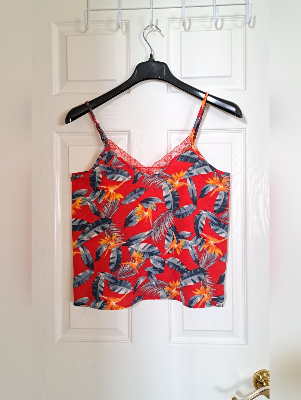 Pink Rose Red Tropical Print Lace-Trim Cami